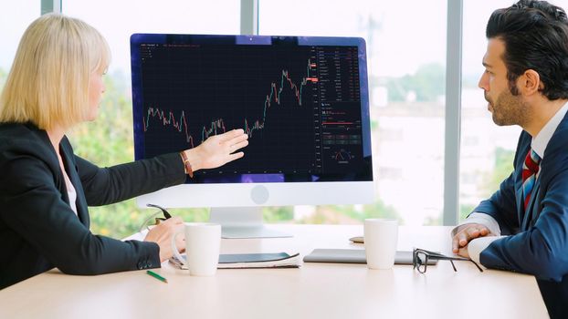 Stock market data chart analysis by ingenious computer software . Investment application display stock market chart on the computer screen and advise trading decision .