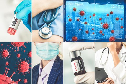 Coronavirus COVID-19 photo set banner in concept of medical treatment including medicine, vaccine and doctor service to prevent, treat and cure covid-19 or 2019 Coronavirus Disease.