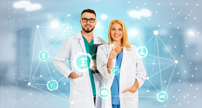 Medical Healthcare Concept - Doctor in hospital with digital medical icons graphic banner showing symbol of medicine, medical care people, emergency service network, doctor data of patient health.