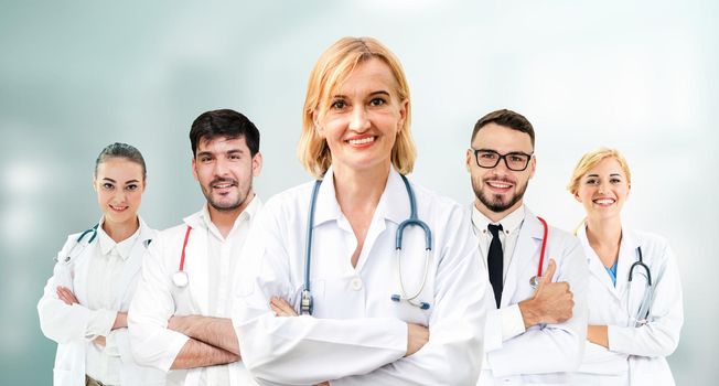 Healthcare people group. Professional doctor working in hospital office or clinic with other doctors, nurse and surgeon. Medical technology research institute and doctor staff service concept.