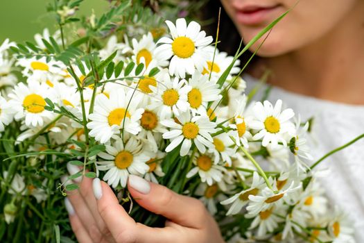 A middle-aged woman holds a large bouquet of daisies in her hands. Wildflowers for congratulations.