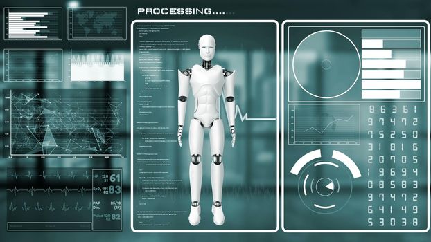 Futuristic robot, artificial intelligence CGI big data analytics and programming . Robotic man 3D render animation . 3D illustration .