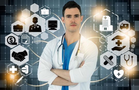Medical Healthcare Concept - Doctor in hospital with digital medical icons graphic banner showing symbol of medicine, medical care people, emergency service network, doctor data of patient health.