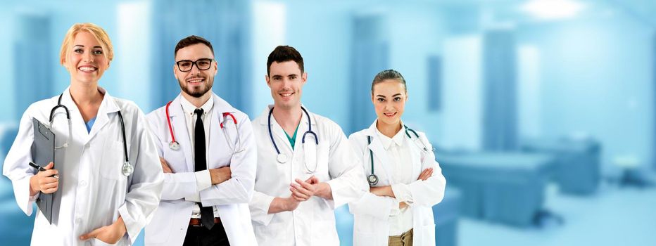 Healthcare people group. Professional doctor working in hospital office or clinic with other doctors, nurse and surgeon. Medical technology research institute and doctor staff service concept.