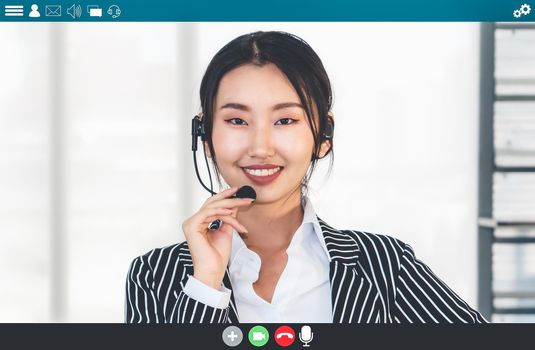 Business people meeting in video conference app on laptop monitor view . Online seminar application presented in cropped view of computer screen . Communication technology for corporate working .