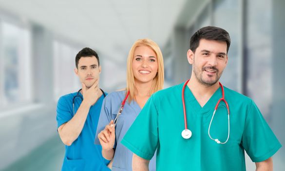 Healthcare people group. Professional doctor working in hospital office or clinic with other doctors, nurse and surgeon. Medical technology research institute and doctor staff service concept.