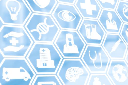 Medical background - Healthcare logo, doctor icon and medical symbol on blue background displaying healthcare person, medical treatment, emergency service, health research and medical insurance.