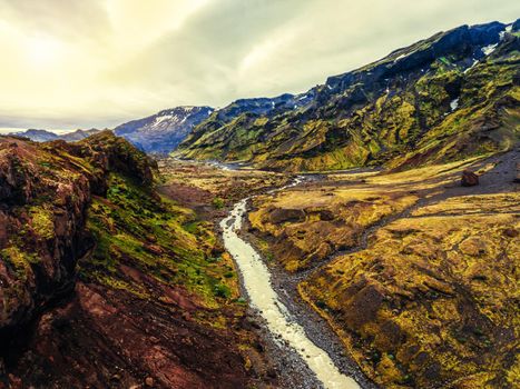 The beautiful unique aerial view landscape of Thorsmork in highland of Iceland.