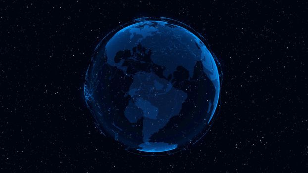 3D Digital Earth shows concept of global network connection of international people in global business rotating in stars and space background. Modern information technology and globalization concept.