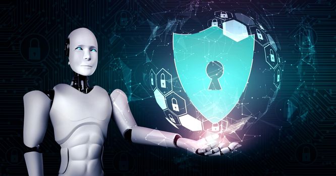AI robot using cyber security to protect information privacy . Futuristic concept of cybercrime prevention by artificial intelligence and machine learning process . 3D rendering illustration .