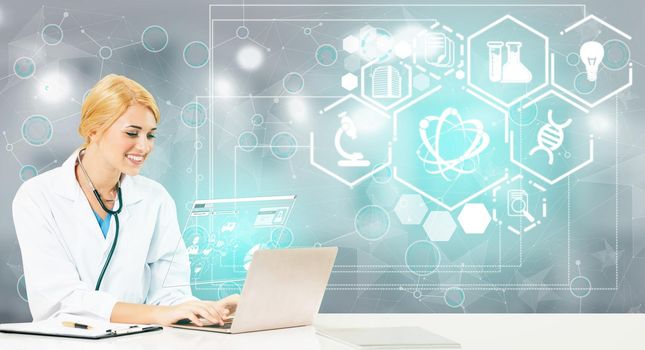 Medical Healthcare Research and Development Concept. Doctor in hospital lab with science health research icon show symbol of medical care technology innovation, medicine discovery and healthcare data.