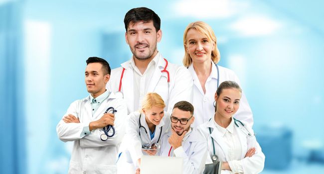 Healthcare people group portrait in creative layout. Professional medical staff, doctors, nurse and surgeon. Medical technology research institute and doctor staff service concept.