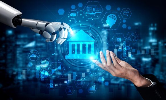 3D rendering artificial intelligence AI research of robot and cyborg development for future of people living. Digital data mining and machine learning technology design for computer brain.