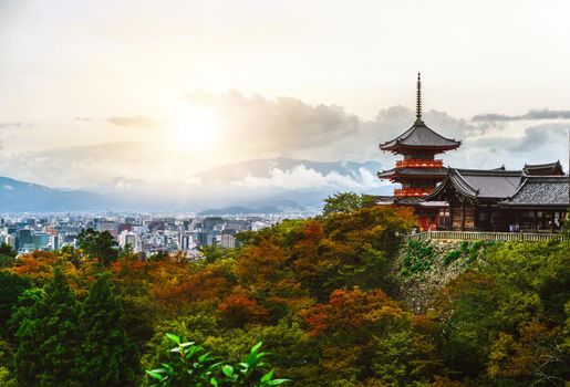 Kiyomizu-dera buddhism temple and Kyoto city skyline in Japan, East Asia. Kiyomizu-dera is the famous landmark attracting tourist who visit Kyoto, Japan.