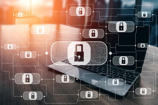 Cyber Security and Digital Data Protection Concept. Icon graphic interface showing secure firewall technology for online data access defense against hacker, virus and insecure information for privacy.