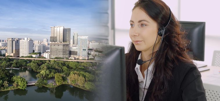 Business people wearing headset working in office to support remote customer or colleague. Call center, telemarketing, customer support agent provide service in broaden view .