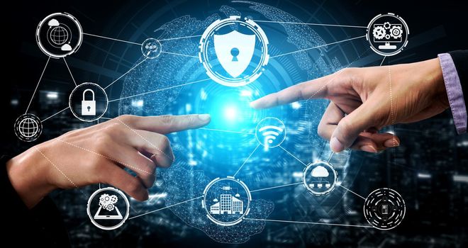 Cyber Security and Digital Data Protection Concept. Icon graphic interface showing secure firewall technology for online data access defense against hacker, virus and insecure information for privacy.
