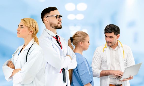 Healthcare people group. Professional doctor working in hospital office or clinic with other doctors, nurse and surgeon. Medical technology research institute and doctor staff service concept.