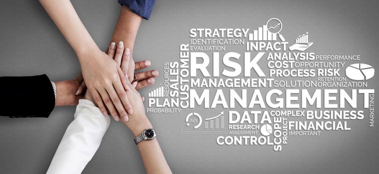 Risk Management and Assessment for Business Investment Concept. Modern graphic interface showing symbols of strategy in risky plan analysis to control unpredictable loss and build financial safety.