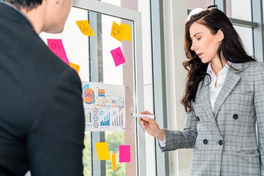 Business people work on project planning board in office and having conversation with coworker friend to analyze project development . They use sticky notes posted on glass wall to make it organized .