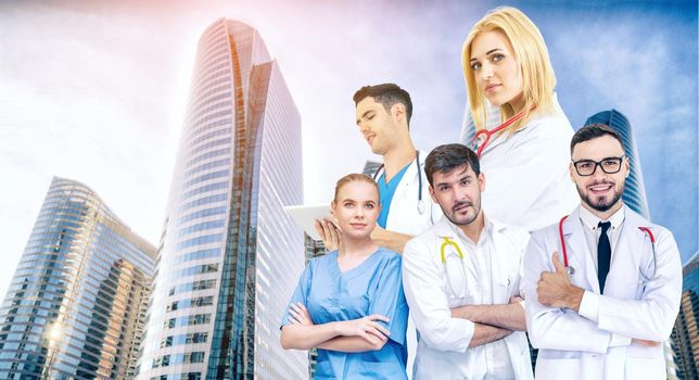 Healthcare people group portrait in creative layout. Professional medical staff, doctors, nurse and surgeon. Medical technology research institute and doctor staff service concept.