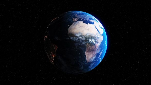Planet earth with realistic geography surface and orbital 3D cloud atmosphere . Outer space view of world globe sphere of continents . 3D rendering graphic . Elements of this image furnished by NASA .