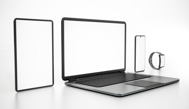 Mobile devices with blank screens isolated on white background. 3D illustration.