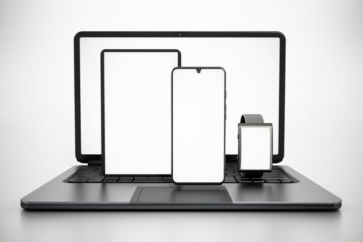 Mobile devices with blank screens isolated on white background. 3D illustration.