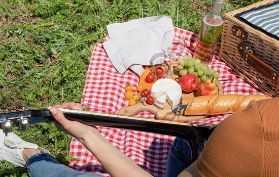 millennial woman in summer clothes and sunglasses playing guitar on a picnic