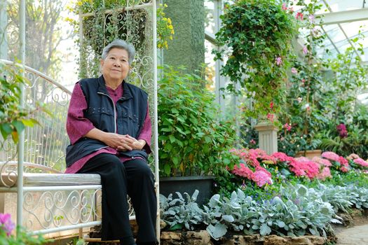 old elder woman resting in flower garden. asian elderly female relaxing in park. senior leisure lifestyle