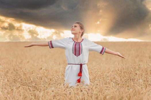 girl in the Ukrainian national costume on the background of a wheat field and sunset sun