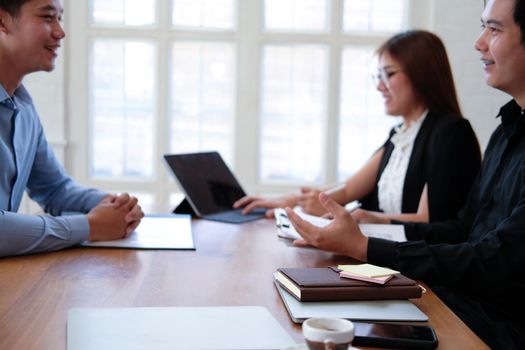 human resource manager interviewing candidate for job vacancy. applicant explaining profile for career recruitment