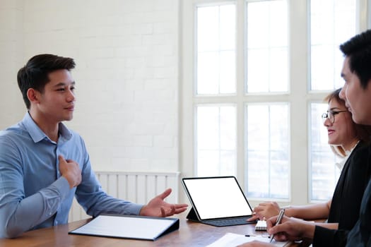 human resource manager interviewing candidate for job vacancy. applicant explaining profile for career recruitment