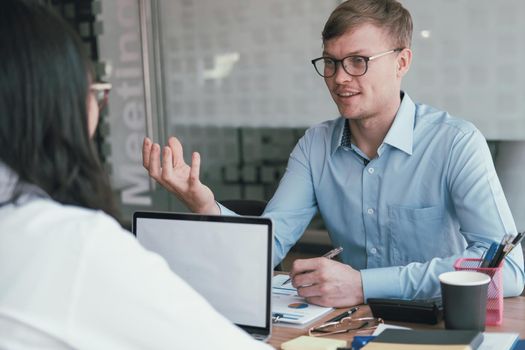 business people discussing on performance revenue in meeting. businessman working with co-worker team. financial adviser analyzing data with investor.