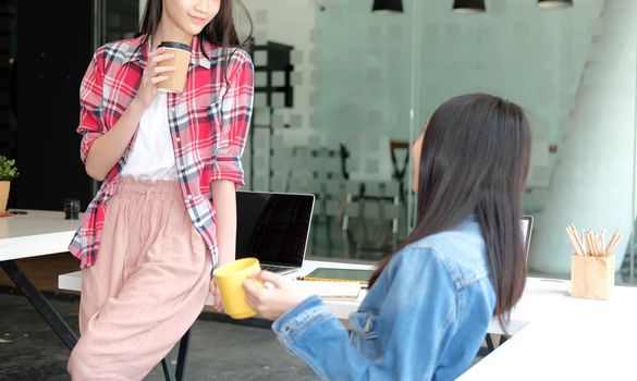 girl teenager friends talking drinking coffee. friendship & people concept