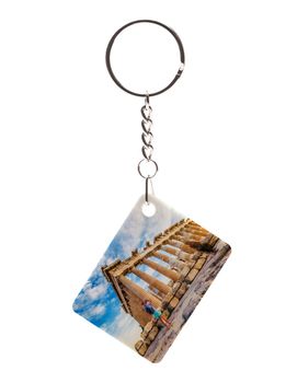 Print example on rectangular key holder with metal ring isolated on white background