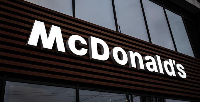 Kyiv, Ukraine - 05 Fabruary 2021: Signboard of McDonalds restaurant in black and white colors