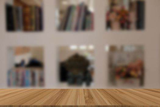 book on shelf. bookshelf at home blur background with wood table for display montage product