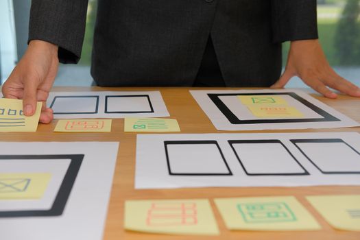 user experience, UX designer designing web on smart phone tablet layout. UI planning mobile application. developer work with business prototype