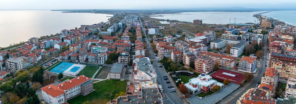 Panoramic aerial view from drone of Pomorie city, Bulgaria