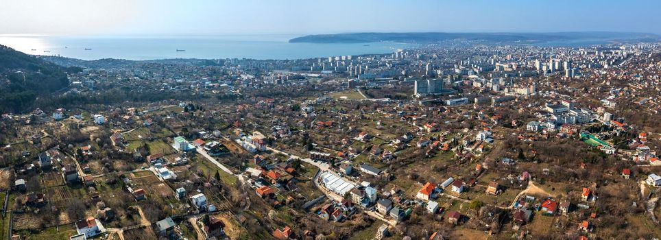 Aerial panoramic view of the city and coast, Varna, Bulgaria. Day view.