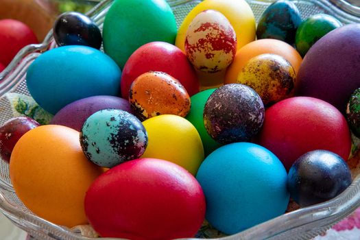 Colorful eggs for holiday easter. Holiday background.
