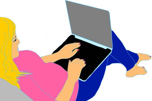 girl with laptop. Freelance or studying concept. Cute illustration in flat style