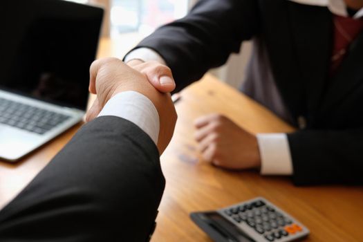 Business people shaking hands after meeting. colleagues handshaking after conference. Greeting deal, teamwork, partnership, cooperate concept.