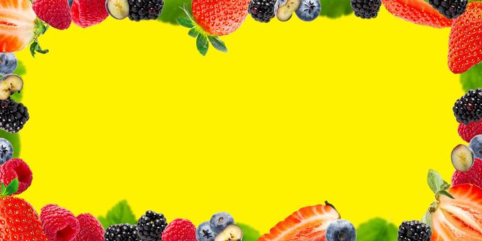 Berries Frame on white Background. Strawberry, Blueberry, Raspberries, and Blackberry. summer berries mockup frame