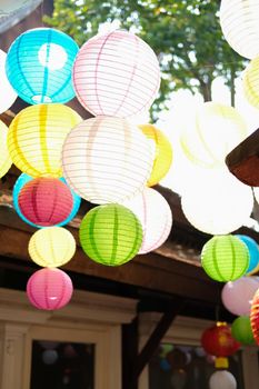 traditional paper lantern decorating on wooden house. asian chinese vintage lamp