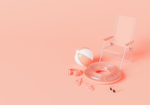 3D rendering of sun chair and inflatable ball with swim tube placed against pink background with modern headphones flip flops and sunglasses