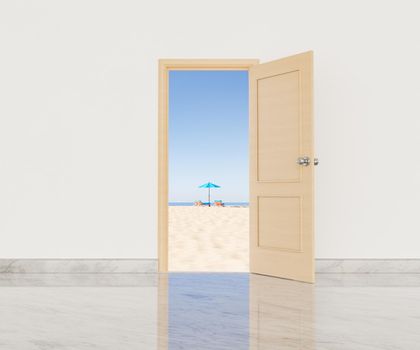 3D rendering of opened door of modern house with white walls leading to sandy seashore with sunbeds and umbrella against cloudless blue sky