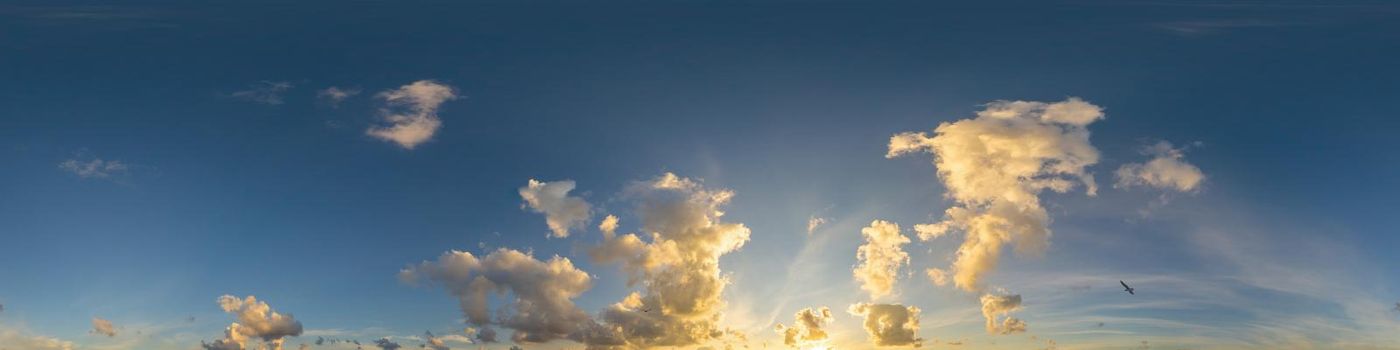 Dark blue twilight sky panorama with Cumulus clouds. Seamless hdr 360 panorama in spherical equiangular format. Full zenith or sky dome for 3D visualization, sky replacement for aerial drone panoramas