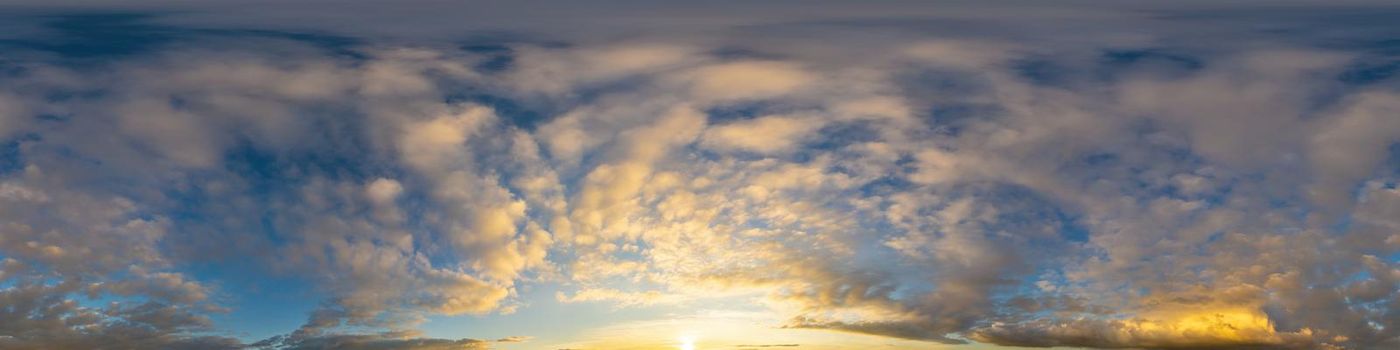 Dark blue sunset sky panorama with pink Cumulus clouds. Seamless hdr 360 pano in spherical equirectangular format. Full zenith for 3D visualization, game, sky replacement for aerial drone panoramas